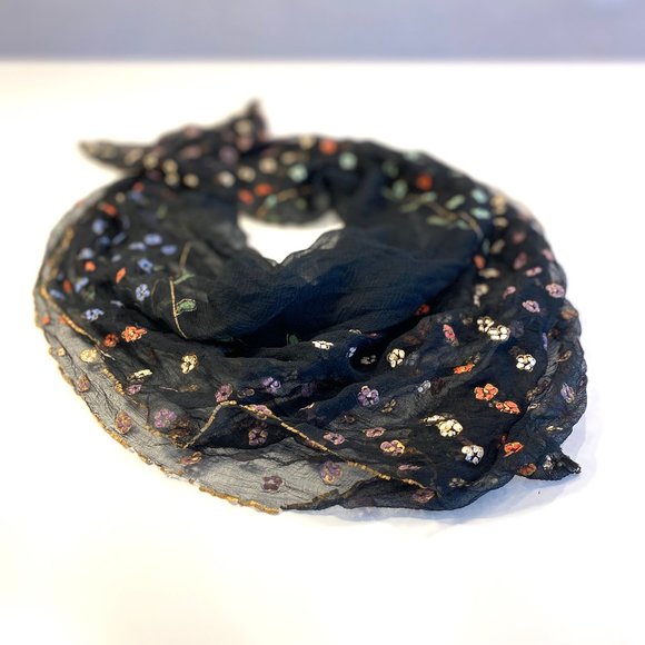 Vintage Handpainted Victorian Scarf - Sheer Floral Paisely and Gold Trim Paint - Picture 2 of 11